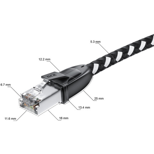 GCR Патч-корд PROF прямой 5.0m, UTP медь кат.6, STRONG черно-белый нейлон, ethernet high speed 10 Гбит/с, T568B, GCR-52779