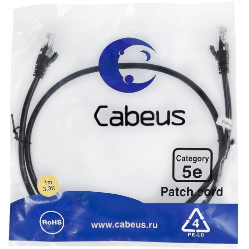 Патч-корд Cabeus PC-UTP-RJ45-CAT.5E-1M-BK U/UTP RJ-45 вил.-вилка RJ-45 кат.5E 1м черный ПВХ