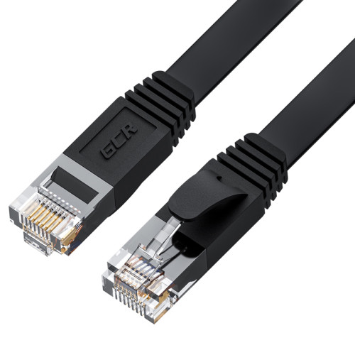 GCR Патч-корд PROF плоский прямой 0.3m, UTP медь кат.6, черный, 30 AWG, ethernet high speed 10 Гбит/с, RJ45, T568B