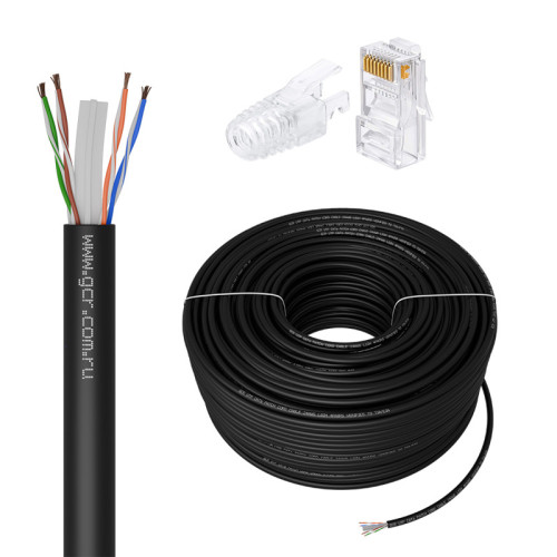 GCR PRO Кабель LAN DIY витая пара 100m в бухте, LSZH UTP кат.6, медь, многопроволочный, черный + Коннектор RJ-45 8p8c сборный 50шт., GCR-56636