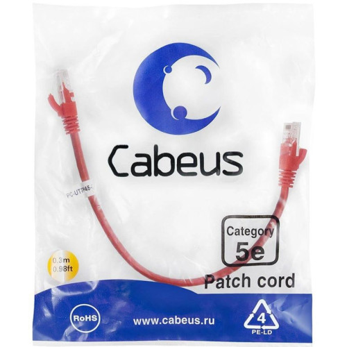 Патч-корд Cabeus PC-UTP-RJ45-CAT.5E-0.3M-RD U/UTP RJ-45 вил.-вилка RJ-45 кат.5E 0.3м красный ПВХ