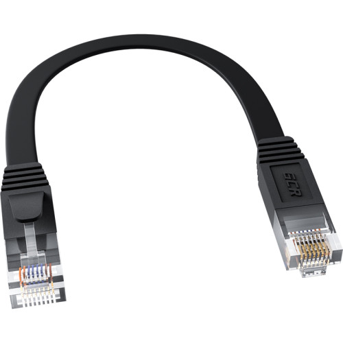 GCR Патч-корд 0.3m PROF плоский прямой кат.7 ethernet, медь, черный, RJ45, T568B, GCR-54145