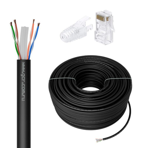 GCR PRO Кабель LAN DIY витая пара 100m в бухте, LSZH UTP кат.6А, CCA многопроволочный, черный + Коннектор RJ-45 8p8c сборный 50шт., GCR-56976