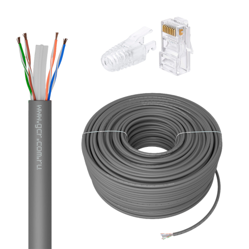 GCR PRO Кабель LAN DIY витая пара 50m в бухте, LSZH UTP кат.6, CCA многопроволочный, серый + Коннектор RJ-45 8p8c сборный 20шт., GCR-56978
