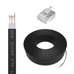 GCR Кабель LAN DIY витая пара плоский 50m в бухте, FTP кат.7, медь, LSZH, черный + Коннектор RJ-45 cat.7 8p8c 20шт. в комплекте, GCR-56761