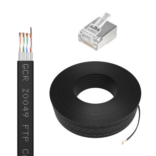 GCR Кабель LAN DIY витая пара плоский 50m в бухте, FTP кат.7, медь, LSZH, черный + Коннектор RJ-45 cat.7 8p8c 20шт. в комплекте, GCR-56761