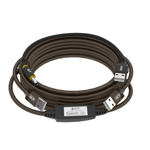 GCR Кабель активный 20.0m USB 2.0, AM/AM, черно-прозрачный, с усилителем сигнала, разъём для доп.питания, 24/22 AWG, GCR-53790