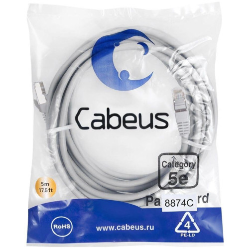 Патч-корд Cabeus PC-FTP-RJ45-CAT.5E-5M-LSZH F/UTP RJ-45 вил.-вилка RJ-45 кат.5E 5м серый LSZH