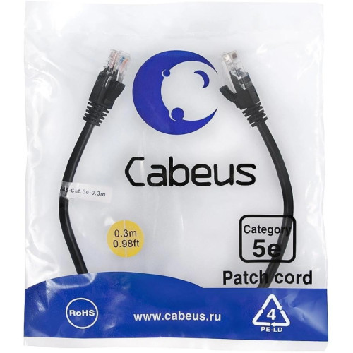 Патч-корд Cabeus PC-UTP-RJ45-CAT.5E-0.3M-BK U/UTP RJ-45 вил.-вилка RJ-45 кат.5E 0.3м черный ПВХ
