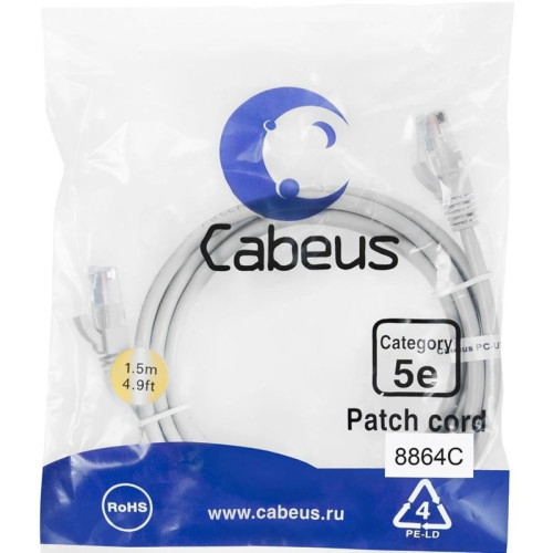 Патч-корд Cabeus PC-UTP-RJ45-CAT.5E-1.5M-LSZH U/FTP RJ-45 вил.-вилка RJ-45 кат.5E 1.5м серый LSZH