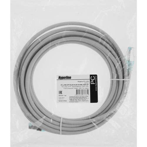 Патч-корд Hyperline PC-LPM-STP-RJ45-RJ45-C6-5M-LSZH-GY PC-LPM-STP-RJ45-RJ45-C6-5M U/FTP RJ-45 вил.-вилка RJ-45 кат.6 5м серый LSZH 26AWG