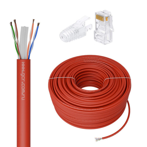 GCR Кабель LAN DIY витая пара 50m в бухте, LSZH UTP кат.6, CCA, красный + Коннектор RJ-45 cat.6 UTP 8p8c сборный 20шт. в комплекте, GCR-55783