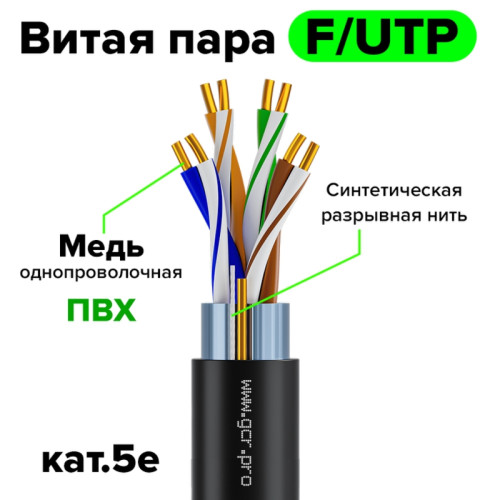GCR Кабель витая пара 5e F/UTP PVC(черный) 50м медь одножильный(Solid), GCR-57917
