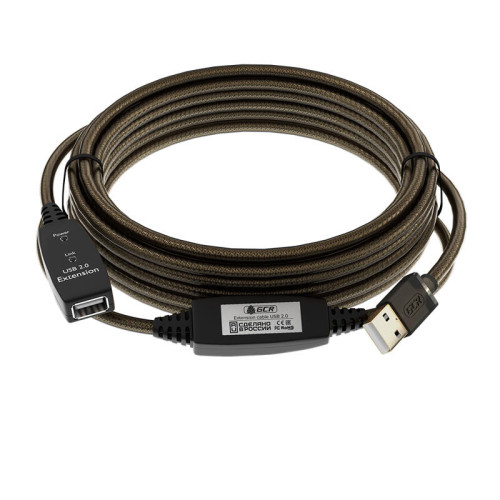 GCR Удлинитель активный 20.0m USB 2.0 AM/AF, GOLD, черно-прозрачный, с 2-мя усилителями сигнала Premium, разъём для доп.питания, 24/22 AWG, GCR-53808