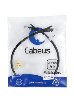 Патч-корд Cabeus PC-UTP-RJ45-CAT.5E-0.5M-BK U/UTP RJ-45 вил.-вилка RJ-45 кат.5E 0.5м черный ПВХ