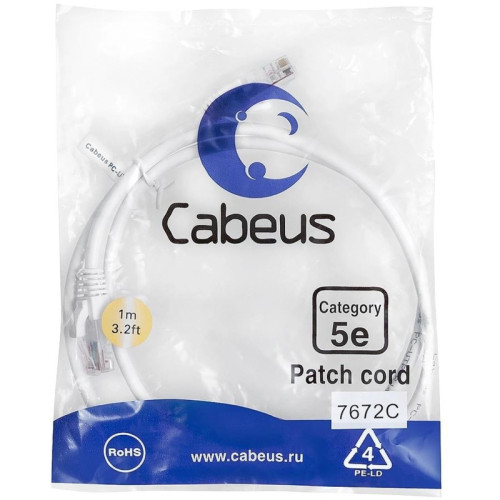 Патч-корд Cabeus PC-UTP-RJ45-CAT.5E-1M-WH-LSZH U/UTP RJ-45 вил.-вилка RJ-45 кат.5E 1м белый LSZH