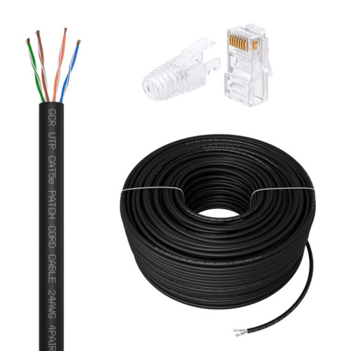 GCR PRO Кабель LAN DIY витая пара 50m в бухте, UTP кат.5e, CCA многопроволочный, черный + Коннектор RJ-45 8p8c сборный 20шт., GCR-56974