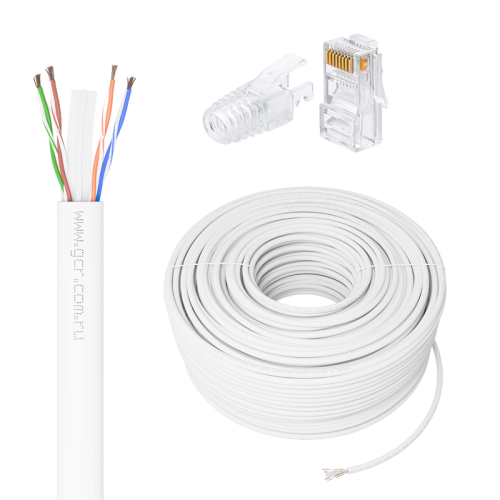 GCR PRO Кабель LAN DIY витая пара 50m в бухте, LSZH UTP кат.6, медь, многопроволочный, белый + Коннектор RJ-45 8p8c сборный 20шт., GCR-56635
