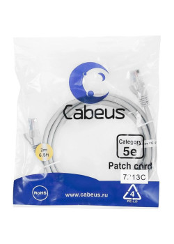 Патч-корд Cabeus PC-UTP-RJ45-CAT.5E-2M U/UTP RJ-45 вил.-вилка RJ-45 кат.5E 2м серый ПВХ