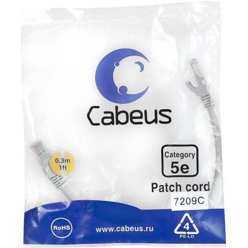 Патч-корд Cabeus PC-UTP-RJ45-CAT.5E-0.3M U/UTP RJ-45 вил.-вилка RJ-45 кат.5E 0.3м серый ПВХ Патч-корд Cabeus PC-UTP-RJ45-CAT.5E-0.3M U/UTP RJ-45 вил.-вилка RJ-45 кат.5E 0.3м серый ПВХ