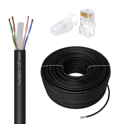 GCR PRO Кабель LAN DIY витая пара 50m в бухте, LSZH UTP кат.6, CCA многопроволочный, черный + Коннектор RJ-45 8p8c сборный 20шт., GCR-56979