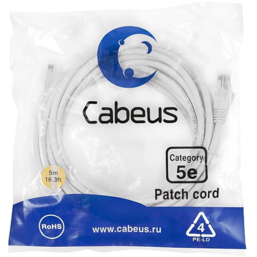 Патч-корд Cabeus PC-UTP-RJ45-CAT.5E-5M-WH-LSZH U/UTP RJ-45 вил.-вилка RJ-45 кат.5E 5м белый LSZH