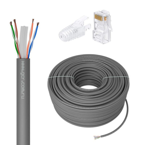 GCR PRO Кабель LAN DIY витая пара 100m в бухте, LSZH UTP кат.6А, CCA многопроволочный, серый + Коннектор RJ-45 8p8c сборный 50шт., GCR-56977