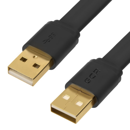 GCR Кабель PROF 1.0m USB 2.0 AM/AM плоский, черный, GOLD, 28/24 AWG, экран, морозостойкий, GCR-UM7M-BСG-1.0m