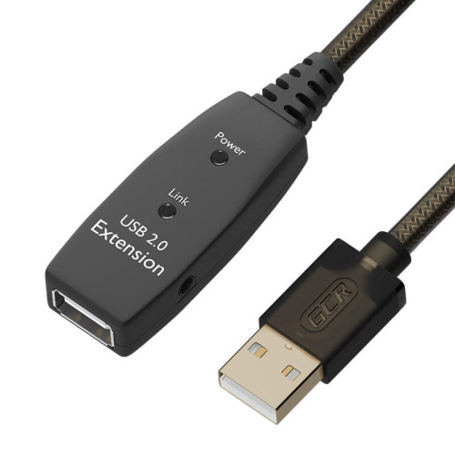 GCR Удлинитель активный 7.5m USB 2.0, AM/AF, GOLD, черно-прозрачный, с усилителем сигнала, разъём для доп.питания, 28/24 AWG, GCR-53805