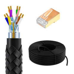 GCR PRO Кабель LAN DIY витая пара 50m в бухте, F/FTP кат.7, медь, многопроволочный, в оплетке текстиль, черный + экран. коннекторы RJ-45 8p8c 20шт., GCR-56766