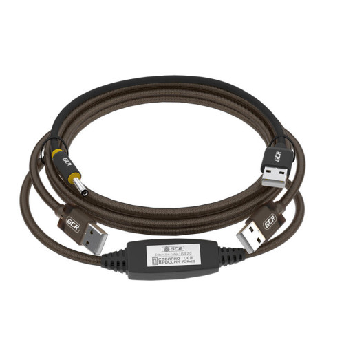 GCR Кабель активный 5.0m USB 2.0, AM/AM, черно-прозрачный, с усилителем сигнала, разъём для доп.питания, 28/24 AWG, GCR-53787