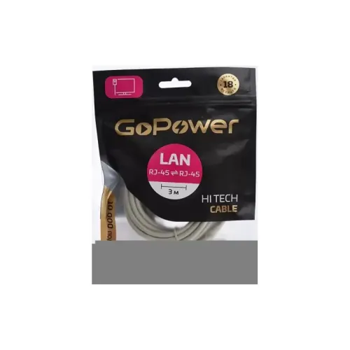 Патч-корд GoPower RJ-45 (m)-RJ-45 (m) 3.0м кат.5е ПВХ 26AWG серый в пакете (1/100)