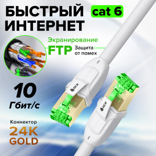 GCR PRO Патч-корд PROF прямой 20.0m, FTP медь кат.6, белый, экранированный, коннекторы 24K GOLD, Deluxe ethernet high speed 10 Гбит/с, RJ45, T568B, GCR-55725