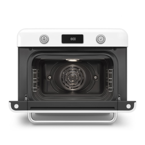 Мини-печь Smeg, поворотные переключатели, LCD дисплей, 10 функций приготовления, пар, таймер, акустический сигнал, галогенная подсветка, 3 стекла в дверце, электронный контроль температуры, объем 30 л, стиль 50-ч годов, цвет белый