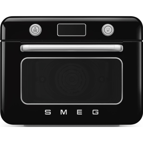Мини-печь Smeg, поворотные переключатели, LCD дисплей, 10 функций приготовления, пар, таймер, акустический сигнал, галогенная подсветка, 3 стекла в дверце, электронный контроль температуры, объем 30 л, стиль 50-ч годов, цвет черный