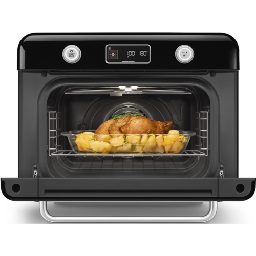 Мини-печь Smeg, поворотные переключатели, LCD дисплей, 10 функций приготовления, пар, таймер, акустический сигнал, галогенная подсветка, 3 стекла в дверце, электронный контроль температуры, объем 30 л, стиль 50-ч годов, цвет черный