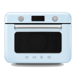 Мини-печь Smeg, поворотные переключатели, LCD дисплей, 10 функций приготовления, пар, таймер, акустический сигнал, галогенная подсветка, 3 стекла в дверце, электронный контроль температуры, объем 30 л, стиль 50-ч годов, цвет пастельный голубой