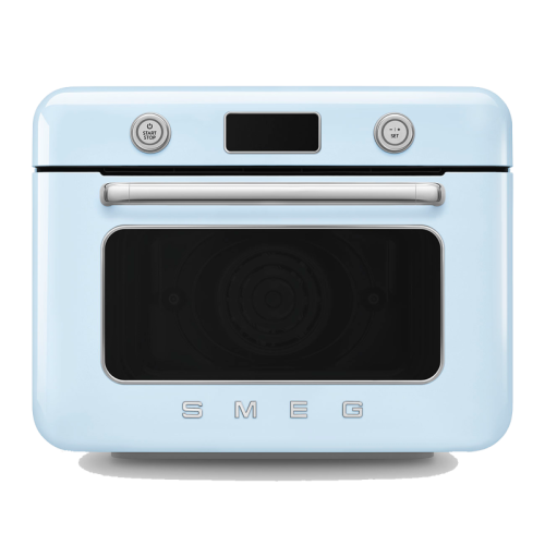 Мини-печь Smeg, поворотные переключатели, LCD дисплей, 10 функций приготовления, пар, таймер, акустический сигнал, галогенная подсветка, 3 стекла в дверце, электронный контроль температуры, объем 30 л, стиль 50-ч годов, цвет пастельный голубой