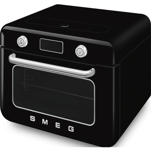Мини-печь Smeg, поворотные переключатели, LCD дисплей, 10 функций приготовления, пар, таймер, акустический сигнал, галогенная подсветка, 3 стекла в дверце, электронный контроль температуры, объем 30 л, стиль 50-ч годов, цвет черный