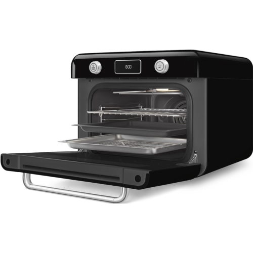 Мини-печь Smeg, поворотные переключатели, LCD дисплей, 10 функций приготовления, пар, таймер, акустический сигнал, галогенная подсветка, 3 стекла в дверце, электронный контроль температуры, объем 30 л, стиль 50-ч годов, цвет черный