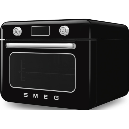 Мини-печь Smeg, поворотные переключатели, LCD дисплей, 10 функций приготовления, пар, таймер, акустический сигнал, галогенная подсветка, 3 стекла в дверце, электронный контроль температуры, объем 30 л, стиль 50-ч годов, цвет черный
