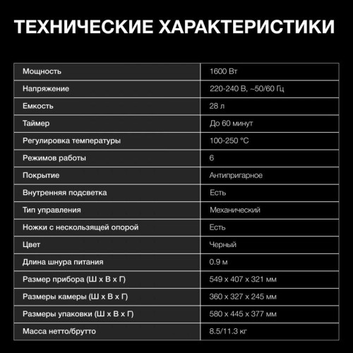 Мини-печь Hyundai MIO-HY093 28л. 1600Вт черный