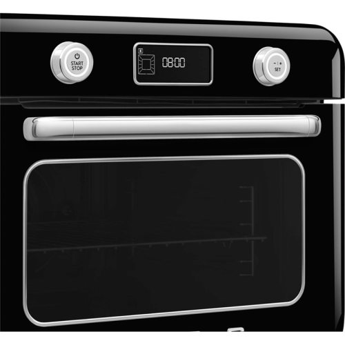 Мини-печь Smeg, поворотные переключатели, LCD дисплей, 10 функций приготовления, пар, таймер, акустический сигнал, галогенная подсветка, 3 стекла в дверце, электронный контроль температуры, объем 30 л, стиль 50-ч годов, цвет черный