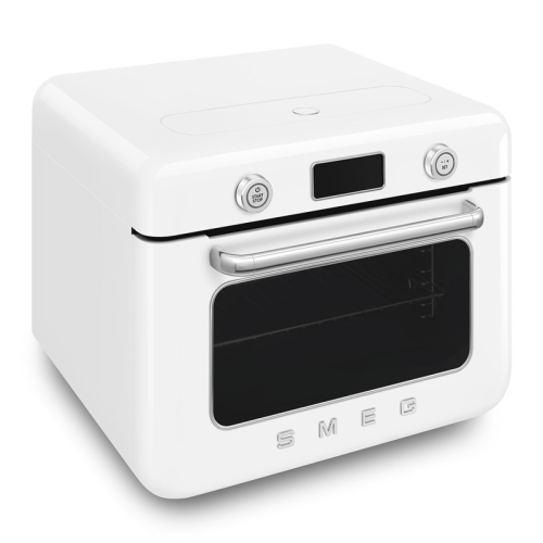 Мини-печь Smeg, поворотные переключатели, LCD дисплей, 10 функций приготовления, пар, таймер, акустический сигнал, галогенная подсветка, 3 стекла в дверце, электронный контроль температуры, объем 30 л, стиль 50-ч годов, цвет белый