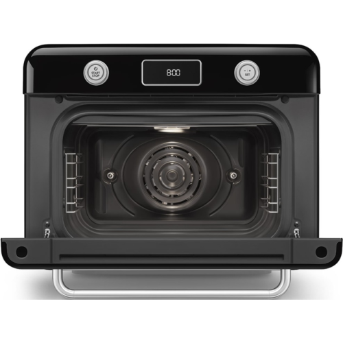 Мини-печь Smeg, поворотные переключатели, LCD дисплей, 10 функций приготовления, пар, таймер, акустический сигнал, галогенная подсветка, 3 стекла в дверце, электронный контроль температуры, объем 30 л, стиль 50-ч годов, цвет черный