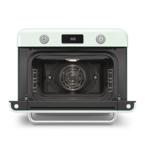Мини печь SMEG, 10 функций, пар, кнопочное/поворотное управление, дисплей, таймер, галогенная подсветка, 3 стекла в дверце, цвет пастельный зеленый