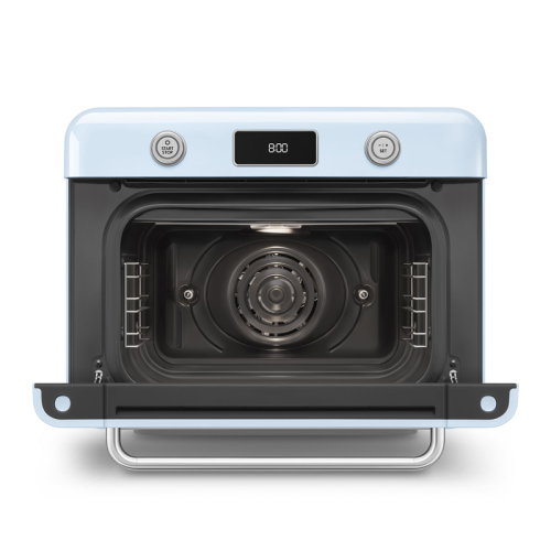 Мини-печь Smeg, поворотные переключатели, LCD дисплей, 10 функций приготовления, пар, таймер, акустический сигнал, галогенная подсветка, 3 стекла в дверце, электронный контроль температуры, объем 30 л, стиль 50-ч годов, цвет пастельный голубой