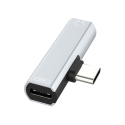 GCR Переходник USB Type C > 3.5mm mini jack + TypeC, серебряный, GCR-UC2AUX