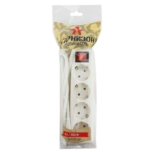 Удлинитель Гарнизон ELB-G4-W-5 4 евророзетки с выключателем и заземлением, допустимый ток 16А, длина 5м. (050890)