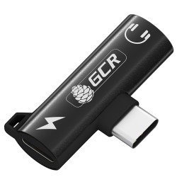 GCR Переходник USB Type C > 3.5mm mini jack + TypeC с отверстием для шнура, черный, GCR-53598